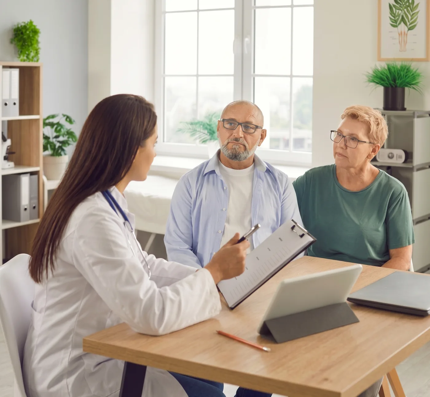 Sleep specialist consulting with patients during an office visit
